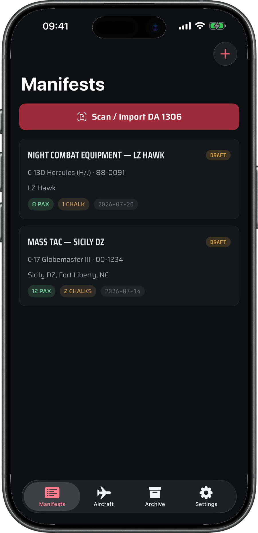 Jump Manifest Control manifests list with two seeded demo manifests