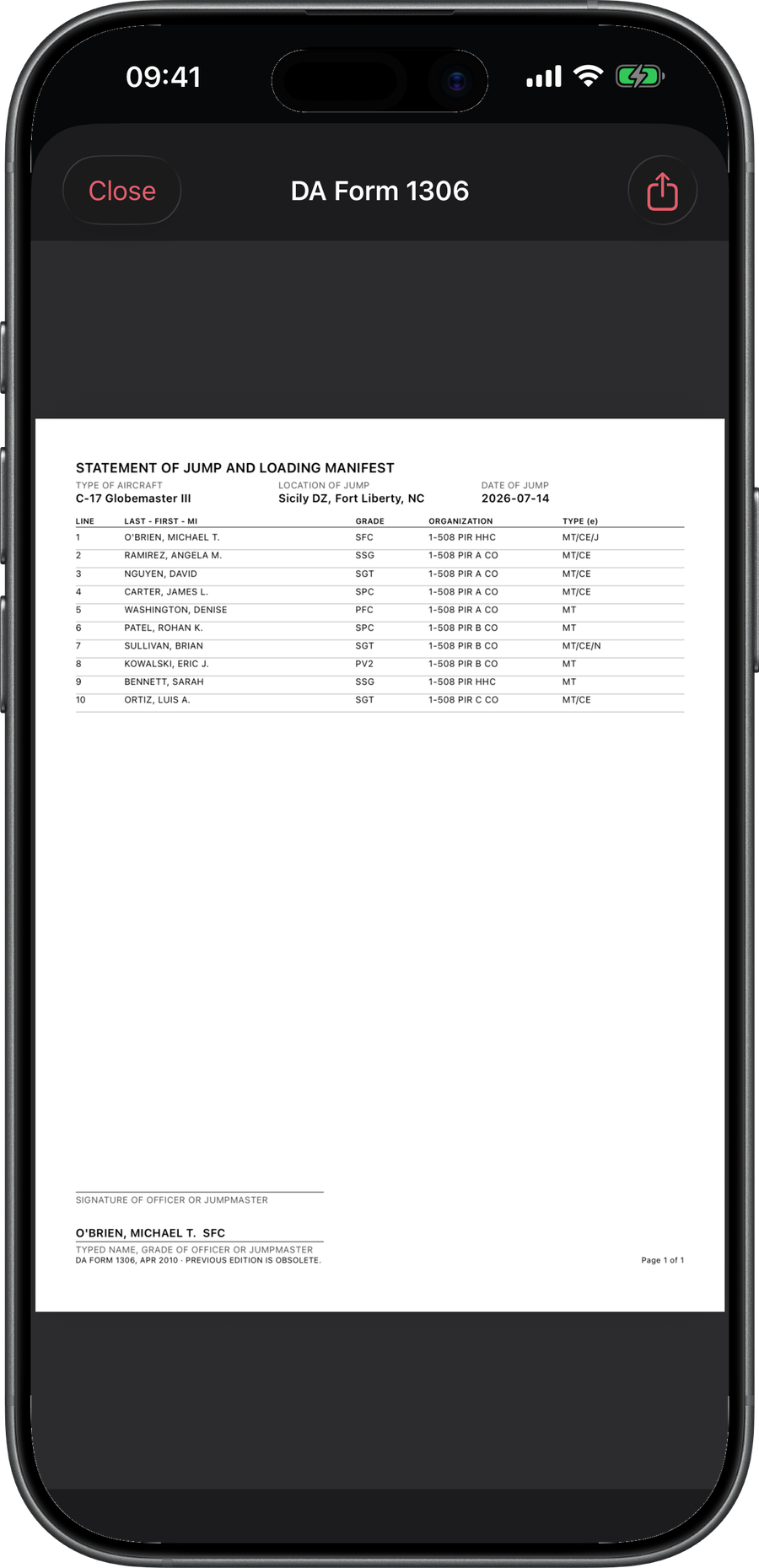 Jump Manifest Control filled DA Form 1306 export view